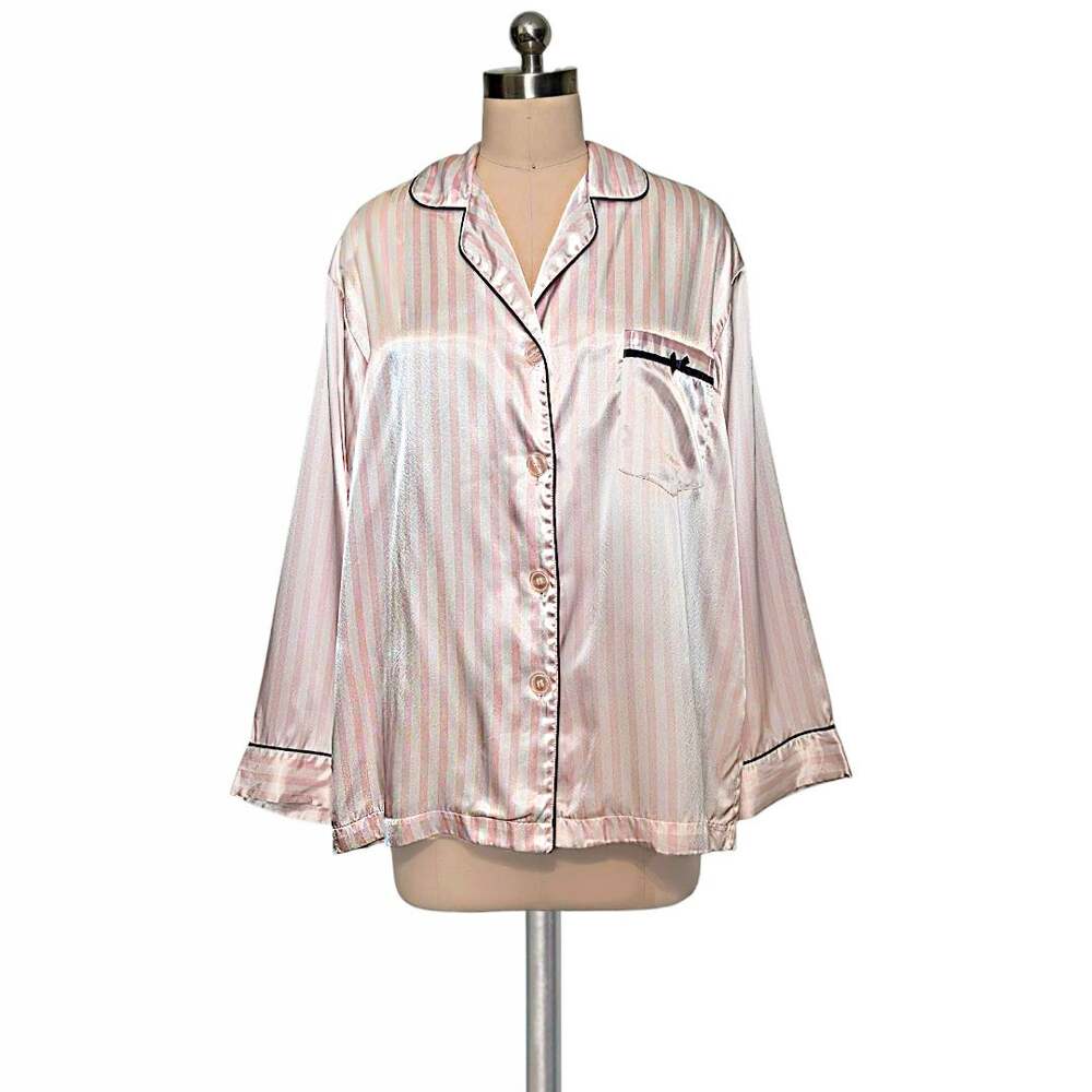 VICTORIA'S SECRET Satin Button Down Sleep Pajama Shirt Pink Stripes Medium